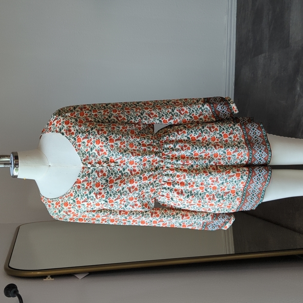 H&M Floral Chiffon Long Sleeve Romper Cream Red Sz 6 Button Closure